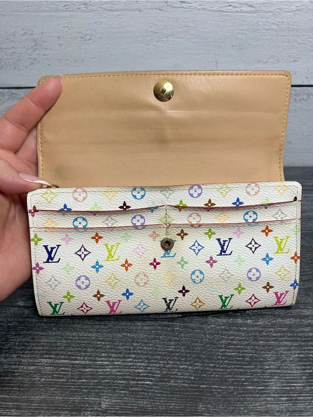 Authentic Louis Vuitton Murakami White Multicolor Monogram Canvas Sarah Wallet
